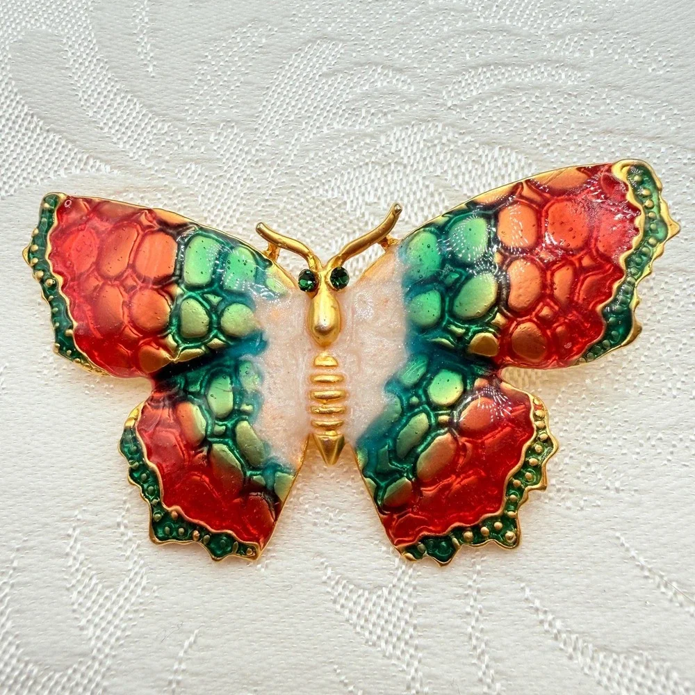Vintage Orange, Cream, & Green Enamel Gold Tone Butterfly Moth Pin w/ Green Eyes
